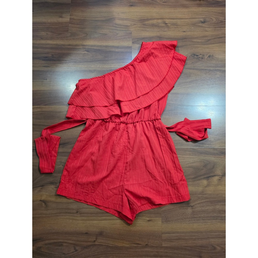 NWT Shein Romper Medium Red One Shoulder Ruffle Belted Pinstripe Summer Jumpsuit